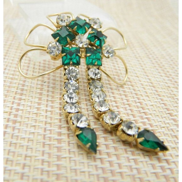 Green Clear Rhinestone Gold Tone Dangle Flower Pin - Picture 2 of 4